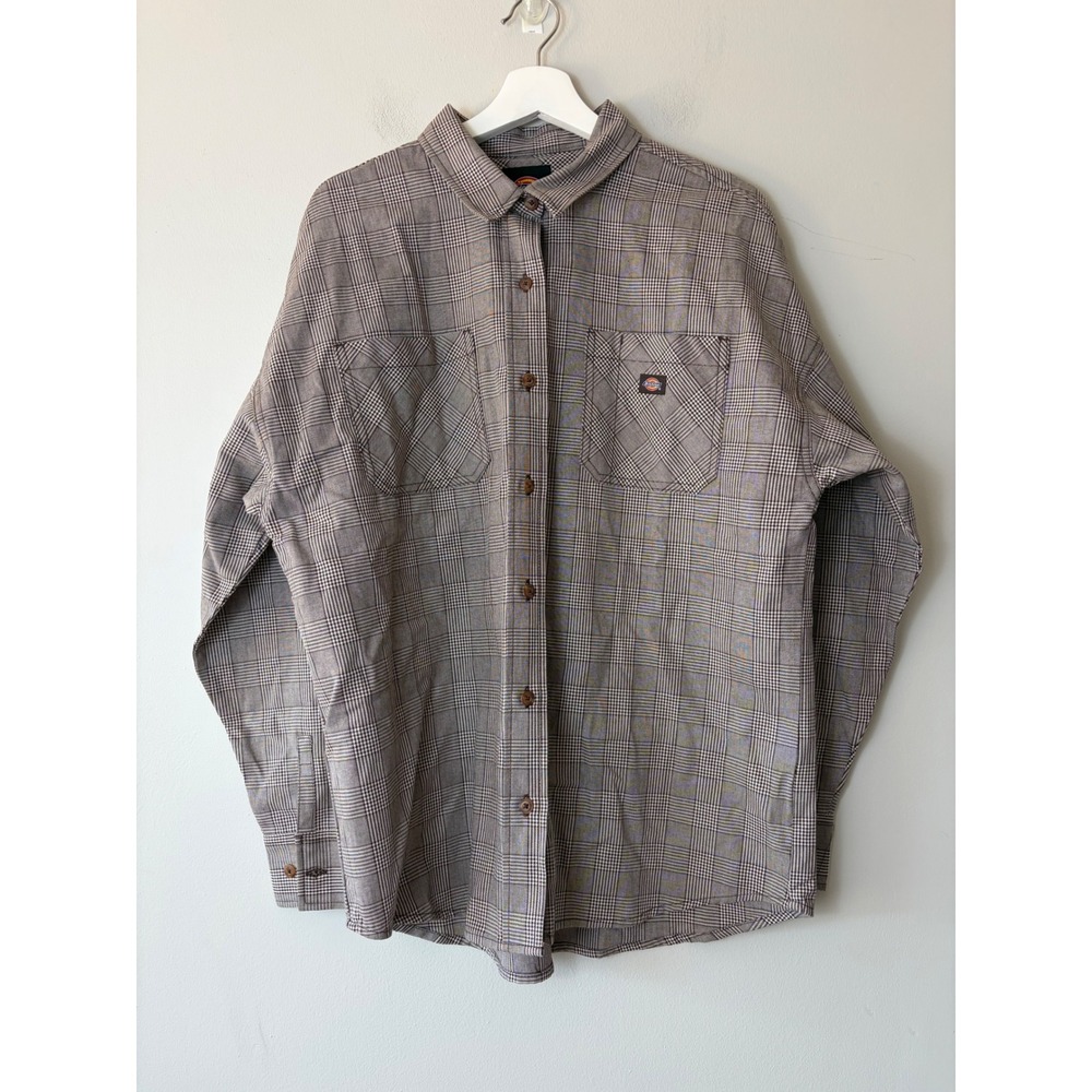 Dickies Mens Glen Plaid Button Down Shirt Brown Tan Long Sleeve FLR04BP3 Large